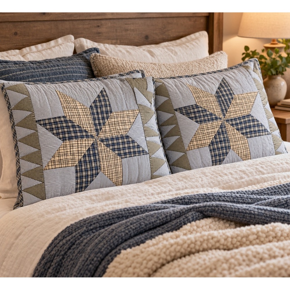 VHC Brands Quilted Patchwork Star Pillow Sham 21x37 Blue Tan Plaid Cotton